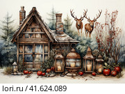 Boxes with Christmas gifts and houses on a white background, watercolor,  Generative AI. Стоковое AI-изображение, AI-художник Анна Кривицкая / Фотобанк Лори