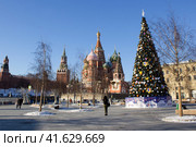 Вид на Кремль и собор Василия Блаженного из парка "Зарядье" зимой. Москва (2023 год). Редакционное фото, фотограф Елена Орлова / Фотобанк Лори