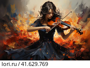 Girl in a dress with a violin on a colorful background,  Generative AI. Стоковое AI-изображение, AI-художник Анна Кривицкая / Фотобанк Лори