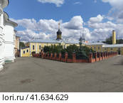 За монастырским погостом Всехсвятская церковь Вознесенской Давидовой пустыни, вид со стороны монастырского погоста. Село Новый Быт, городской округ Чехов, Московская область (2023 год). Стоковое фото, фотограф Жигалов Евгений Павлович / Фотобанк Лори