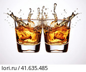 Glasses with yellow liquid on a white background with splashes. Generated by AI. Стоковое AI-изображение, AI-художник Ярославский Максим / Фотобанк Лори