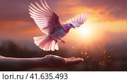 An outstretched man's hand and a dove flying up to it. Shooting at sunset. Generated by AI. Стоковое AI-изображение, AI-художник Ярославский Максим / Фотобанк Лори