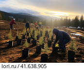 Environmental volunteers plant seedlings of spruce trees on the slopes of the mountains. Generated by AI. Стоковое AI-изображение, AI-художник Ярославский Максим / Фотобанк Лори