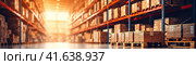 A large warehouse where various products are stored, a large store and a rack with a wide range of products and items. Generated by AI. Стоковое AI-изображение, AI-художник Ярославский Максим / Фотобанк Лори