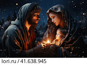 Christmas Nativity scene illustration. Chrismas story. Christmas night, Mary, Joseph and baby Jesus, Son of God, symbol of Christianity. Стоковое AI-изображение, AI-художник Ирина Михайличенко / Фотобанк Лори