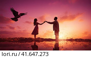 A man and a pigeon in flight against the background of the setting sun.Generated by AI. Стоковое AI-изображение, AI-художник Ярославский Максим / Фотобанк Лори