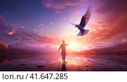 A man and a pigeon in flight against the background of the setting sun.Generated by AI. Стоковое AI-изображение, AI-художник Ярославский Максим / Фотобанк Лори