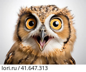A young owl with big eyes and an open beak looks forward. Generated by AI. Стоковое AI-изображение, AI-художник Ярославский Максим / Фотобанк Лори