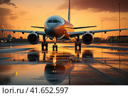 Sunset view of airplane on airport runway under dramatic sky. Стоковое AI-изображение, AI-художник Ирина Михайличенко / Фотобанк Лори