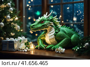 Funny green dragon, symbol of 2024 according to the eastern calendar. New Year card. Стоковое AI-изображение, AI-художник Сергей Елизарьев / Фотобанк Лори