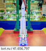 Angara space rocket on the launch pad of the Vostochny cosmodrome, model. Exhibition Days of the far East - Moscow, Russia, 12 13 2019. Редакционное фото, фотограф Андрей Журавлев / Фотобанк Лори