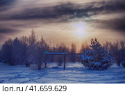 Evening winter landscape in the forest with trampled footprints in the snow, sunset. Стоковое фото, фотограф Андрей Журавлев / Фотобанк Лори