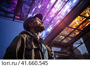A mature engineer on a construction site in a protective vest and helmet, looking down from a height at the construction site. Generated by AI. Стоковое AI-изображение, AI-художник Ярославский Максим / Фотобанк Лори