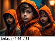 Teenage Boy Outdoors At High School Being Teased Or Bullied. Aggressive teenage street gangs or groups. AI. Стоковое AI-изображение, AI-художник Sergey Grishin / Фотобанк Лори