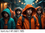 Teenage Boy Outdoors At High School Being Teased Or Bullied. Aggressive teenage street gangs or groups. AI. Стоковое AI-изображение, AI-художник Sergey Grishin / Фотобанк Лори