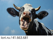 Close-up portrait of surprised cow on the pasture. Funny animal photo. Surprise expression and opened mouth. Стоковое AI-изображение, AI-художник Ярославский Максим / Фотобанк Лори