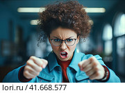 A woman in a state of extreme rage, with clenched fists and jaw, angry, emotional and furious, is singled out for office. Generated by AI. Стоковое AI-изображение, AI-художник Ярославский Максим / Фотобанк Лори