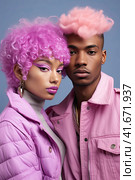 An African young couple in pink suits with an unusual hairstyle look at the camera. Generated by AI. Стоковое AI-изображение, AI-художник Ярославский Максим / Фотобанк Лори