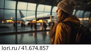 A girl in winter clothes is waiting for a flight at the airport. Generated by AI. Стоковое AI-изображение, AI-художник Ярославский Максим / Фотобанк Лори