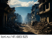 The city after the earthquake, houses destroyed after the war, dirt on the streets,    Generative AI. Стоковое AI-изображение, AI-художник Анна Кривицкая / Фотобанк Лори