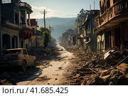 The city after the earthquake, houses destroyed after the war, dirt on the streets,    Generative AI. Стоковое AI-изображение, AI-художник Анна Кривицкая / Фотобанк Лори