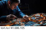 Geographer exploring the terrain on the model. Стоковое AI-изображение, AI-художник Кирилл Черезов / Фотобанк Лори