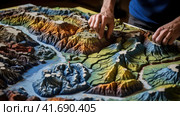 Geographer exploring the terrain on the model. Стоковое AI-изображение, AI-художник Кирилл Черезов / Фотобанк Лори