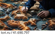 Geographer exploring the terrain on the model. Стоковое AI-изображение, AI-художник Кирилл Черезов / Фотобанк Лори