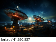 Silhouettes of satellite dishes or radio antennas against the night sky. Space observatory. ,    Generative AI. Стоковое AI-изображение, AI-художник Анна Кривицкая / Фотобанк Лори