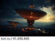 Silhouettes of satellite dishes or radio antennas against the night sky. Space observatory. ,    Generative AI. Стоковое AI-изображение, AI-художник Анна Кривицкая / Фотобанк Лори