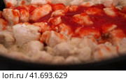 Frying chopped chicken breast pieces pouring with red sauce. Close-up. Roasting chicken fillet in black frying pan. Stewed poultry Recipe. Fresh raw white meat cooked in a steamer. Diet food. Overhead. Стоковое видео, видеограф Марина Демидюк / Фотобанк Лори
