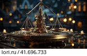 The scales of justice, futuristic rendition,    Generative AI. Стоковое AI-изображение, AI-художник Анна Кривицкая / Фотобанк Лори