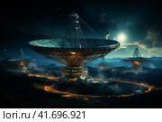 Silhouettes of satellite dishes or radio antennas against the night sky. Space observatory. ,    Generative AI. Стоковое AI-изображение, AI-художник Анна Кривицкая / Фотобанк Лори