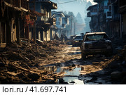 The city after the earthquake, houses destroyed after the war, dirt on the streets,    Generative AI. Стоковое AI-изображение, AI-художник Анна Кривицкая / Фотобанк Лори