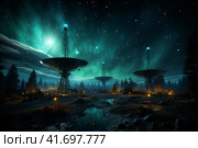 Silhouettes of satellite dishes or radio antennas against the night sky. Space observatory. ,    Generative AI. Стоковое AI-изображение, AI-художник Анна Кривицкая / Фотобанк Лори