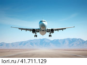 Airplane taking off on mountains background. AI generated. Стоковое AI-изображение, AI-художник Александра Селина / Фотобанк Лори