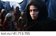 Portrait of Refugees on middle east looking at camera. Homeless people, unhappy and frightened, shawl camps,  Generative AI. Стоковое AI-изображение, AI-художник Анна Кривицкая / Фотобанк Лори