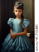 Young girl, child in a blue fluffy dress in retro style. vintage,  Generative AI. Стоковое AI-изображение, AI-художник Анна Кривицкая / Фотобанк Лори