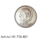 Obverse of Belgium coin 1 frank with portrait of king Albert II minted from 1994 till 2001. Isolated in white background. Аверс монеты 1 франк, Бельгия, портрет короля Альберта II. Стоковое фото, фотограф Александр Кузнецов / Фотобанк Лори