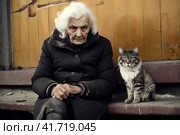 An elderly woman, a pensioner, on the street on a bench with a cat at the entrance.,  Generative AI. Стоковое AI-изображение, AI-художник Анна Кривицкая / Фотобанк Лори