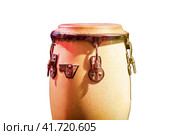 Traditional ethnic Cuban Djembe drum isolated on a white background. Percussion instruments made of wood covered with leather. Ethnic drum set at a concert of jazz music. Стоковое фото, фотограф Андрей Журавлев / Фотобанк Лори