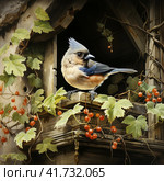 Great titmouse looking out red bird house in the garden surrounded by ivy,  Generative AI. Стоковое AI-изображение, AI-художник Анна Кривицкая / Фотобанк Лори