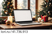 Laptop with a white screen mock up on the table against the background of the Christmas decor of the room with a Christmas tree, fairy lights, cozy room. AI generated. Стоковое AI-изображение, AI-художник Ольга Симонова / Фотобанк Лори