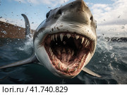great white shark with jaws open in attack mode swimming through blue ocean water. Carcharodon carcharias, surfacing with the head out of the water and the mouth wide open off. Стоковое AI-изображение, AI-художник Ирина Михайличенко / Фотобанк Лори