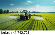Watering, treating fields with crops with Pesticides and Herbicides on a tractor. Agricultural industry. Стоковое AI-изображение, AI-художник Ирина Ручушкина / Фотобанк Лори