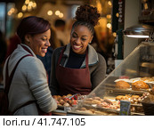 A girl in a bakery offers a visitor fresh pastries. The concept of services to customers. Generated by AI. Стоковое AI-изображение, AI-художник Ярославский Максим / Фотобанк Лори