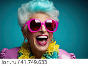An elderly beautiful woman with bright dyed hair and sunglasses. Generated by AI. Стоковое AI-изображение, AI-художник Ярославский Максим / Фотобанк Лори