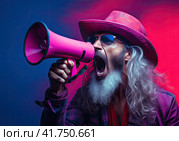 A young enraged man shouts violently into a megaphone. Purple-blue smoke on the background. Generated by AI. Стоковое AI-изображение, AI-художник Ярославский Максим / Фотобанк Лори