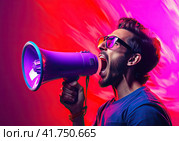 A young enraged man shouts violently into a megaphone. Purple-blue smoke on the background. Generated by AI. Стоковое AI-изображение, AI-художник Ярославский Максим / Фотобанк Лори