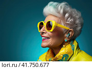 An elderly beautiful woman with bright dyed hair and sunglasses. Generated by AI. Стоковое AI-изображение, AI-художник Ярославский Максим / Фотобанк Лори